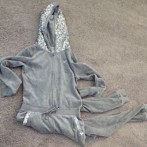 Sequin-Embellished Gray Velour Tracksuit